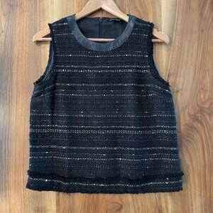 Rachel Zoe black & metallic boucle tank w leather trim